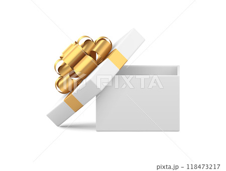 Tenderness white cute cardboard gift box golden glossy bow ribbon unpacking isometric 3d 118473217