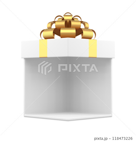 Adorable wrapped white gift box decorated metallic golden bow ribbon festive decorative design 3d 118473226