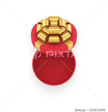 Top view empty realistic wrapped red rounded cardboard box decorated by metallic golden bow Top view empty realistic wrapped red rounded cardboard box decorated by metallic golden bow 118473240