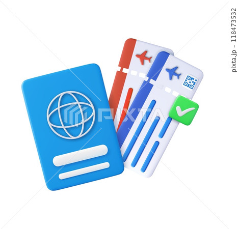 3d visa with airplane tickets, green checkmark 118473532