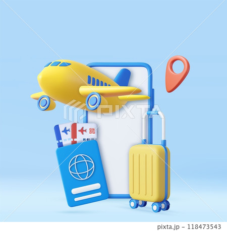 3D mobile phone with ticket for flight airplane, suitcase 118473543