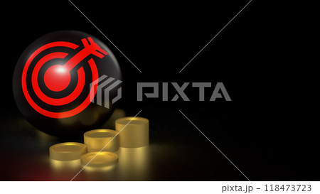 The red target symbol on black ball and coins for Business concept 3d rendering. The red target symbol on black ball and coins for Business concept 3d rendering. 118473723