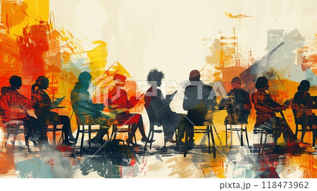 A group gathers around a table for a literary meeting, sharing ideas and books in a warmly lit atmosphere 118473962