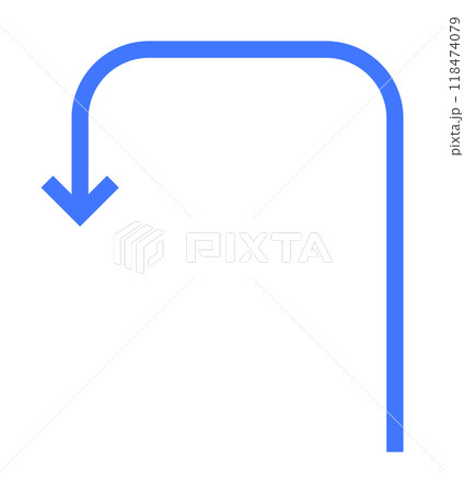 Blue U-shaped arrow pointing downward, symbolizing navigation, direction, and guidance. Ideal for wayfinding, map indications, user interface design, instructional purposes, and transportation signs. 118474079