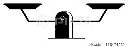 A minimalist balance scale with two pans in black and white. Ideal for themes of fairness, justice, equality, law, and decision-making. Simple silhouette style. A minimalist balance scale with two pans in black and white. Ideal for themes of fairness, justice, equality, law, and decision-making. Simple silhouette style. 118474082
