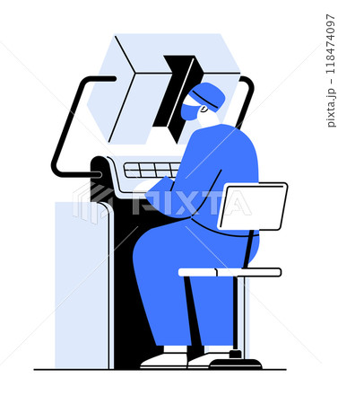 Medical professional working at a computer, wearing surgical attire. Ideal for healthcare, technology, innovation, laboratory, medical research. Clean, modern vector Medical professional working at a computer, wearing surgical attire. Ideal for healthcare, technology, innovation, laboratory, medical research. Clean, modern vector 118474097