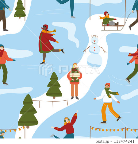 Winter town outdoor activities vector seamless pattern. Happy people figure skating on ice rink, father pulling sled with smiling kid, young female holding gift boxes. Christmas holiday background  118474241