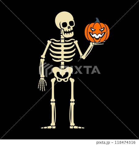 Skeleton holding a carved pumpkin for Halloween decoration 118474316