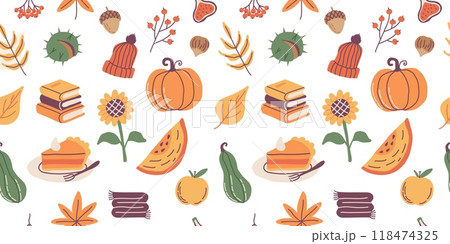 Autumn seamless pattern, cute hand drawn seasonal objects. Vector illustration in flat style 118474325