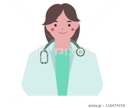 信頼感のある医師の女性。笑顔の聴診器を持った医者。ベクターイラスト 118474359