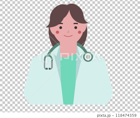 信頼感のある医師の女性。笑顔の聴診器を持った医者。ベクターイラスト 118474359