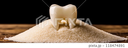 Plastic tooth in big pile of sugar. Sugar destroys tooth enamel leads to tooth 118474891