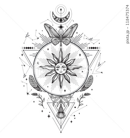 Vector composition of black and white moth, plants, elements of astrology and sacred geometry isolated on white background. Mystical symbols and insects. Vector composition of black and white moth, plants, elements of astrology and sacred geometry isolated on white background. Mystical symbols and insects. 118475374