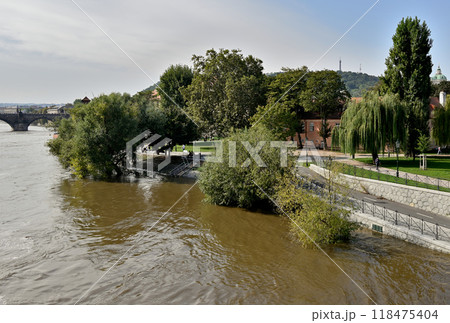 High water levels on Vltava river after storm Boris caused torrential rains and floods in Prague, Czech Republic 118475404