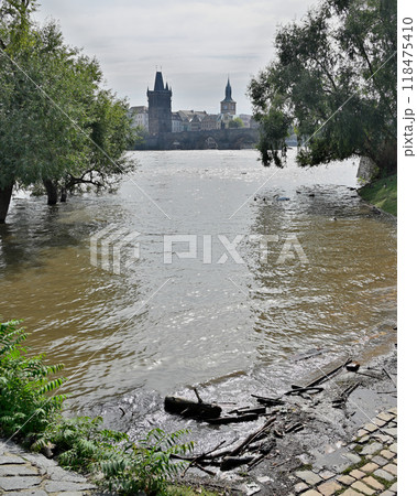 High water levels on Vltava river after storm Boris caused torrential rains and floods in Prague, Czech Republic 118475410