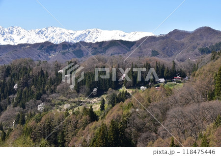 春を迎えた小川村と残雪の北アルプス　小川村アルプス展望広場付近からの眺め 118475446