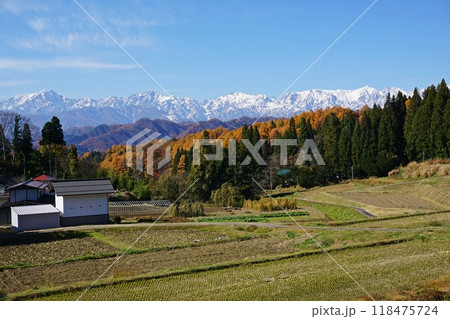 紅葉のピークを迎えた小川村の田園風景と北アルプスの競演 118475724