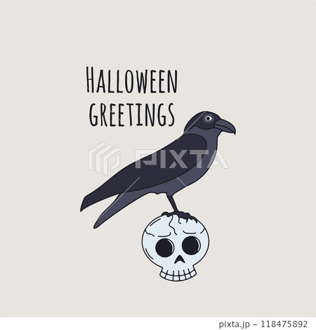 Card or poster with cute Halloween witchy crow sitting on top of skull 118475892