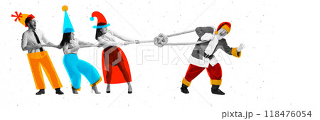 Banner. Contemporary art collage. Holiday tug of war between Santa and coworkers, merging business competition with festive fun in this playful struggle for holiday cheer. 118476054