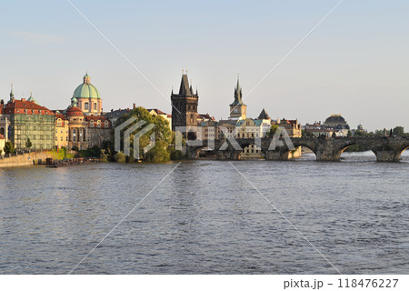 Iconic Charles Bridge over Vltava river and Prague Old town cityscape at sunset, in Prague, Czech Republic 118476227