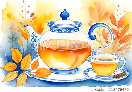 Autumn still life with tea. Teapot and cup with blue patterns and fall leaves. Watercolor drawing 118476470
