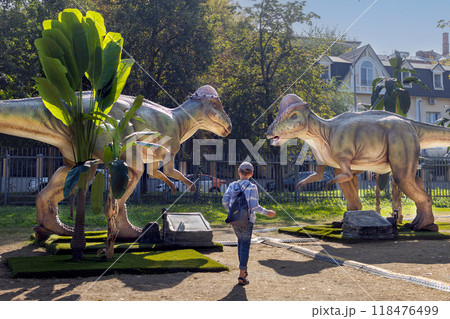 Boy between two real-life-sized dinosaurs at an amusement park Boy between two real-life-sized dinosaurs at an amusement park 118476499