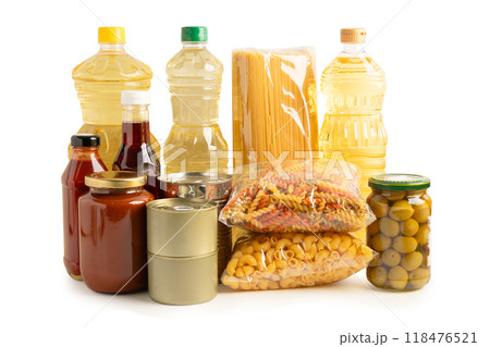 Foodstuff for donation isolated on white background with clipping path, storage and delivery. Various food, pasta, cooking oil and canned food. 118476521