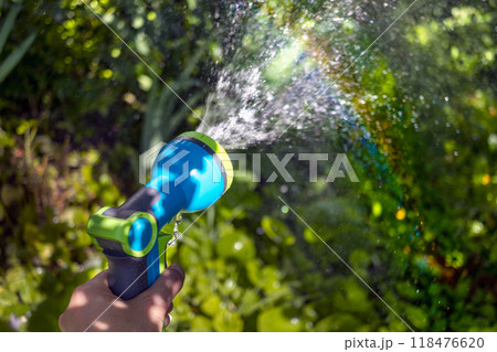 Garden hose in my hand sprays water. Iridescent sun glare on green grass. Close-up. Copy space 118476620