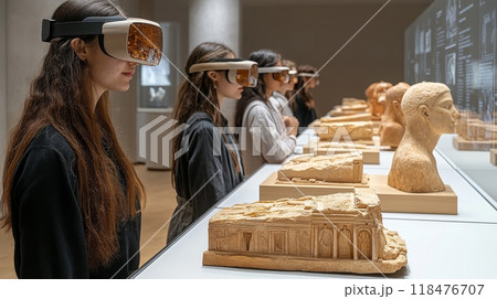 Group of students wearing virtual reality glasses in museum of archeology 118476707