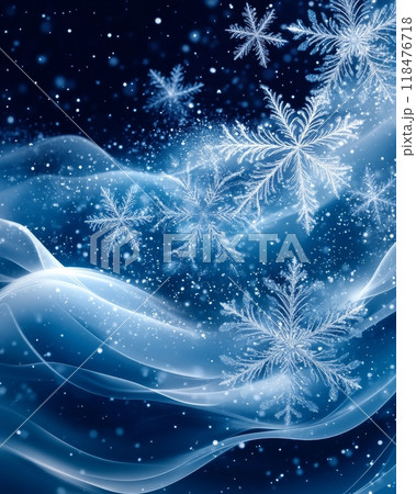 Snowflakes are falling on blue wavy background with particles Snowflakes are falling on blue wavy background with particles 118476718