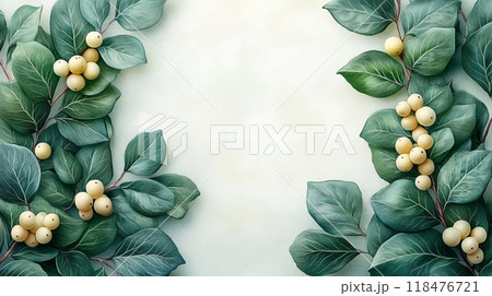 Snowberry branches creating a frame on a textured background 118476721