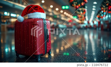 Red suitcase wearing santa hat waiting in airport terminal 118476722