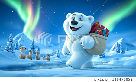 Happy polar bear carrying christmas gifts in a snowy landscape 118476852