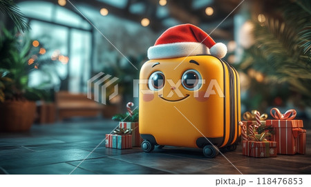 Cute suitcase wearing santa hat is ready for christmas vacation 118476853