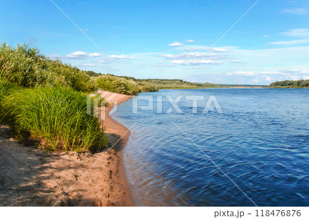 Sandy shore with sedge by river on sunny summer day. Picturesque landscape 118476876