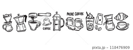 Coffee doodle icon set, ink hand drawn hot beverage vector collection, line cafe sketch banner.  118476909