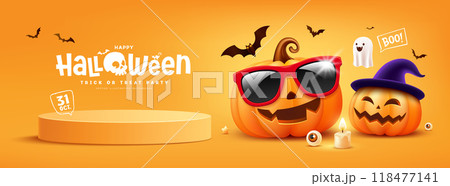 Happy Halloween podium, pumpkins face action, smiling face, bat flying, banner 118477141