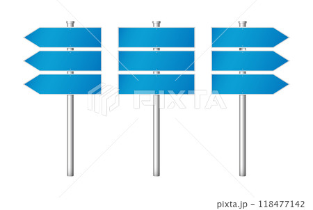 blue street signs with arrows pointing in different directions. Vector illustration 118477142