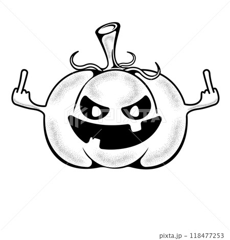 Pumpkin showing middle finger icon isolated on white. Cartoon hand drawn Cute pumpkin character. Halloween Design element for logo, badges, stickers, invitation party cards, banners, labels, posters 118477253