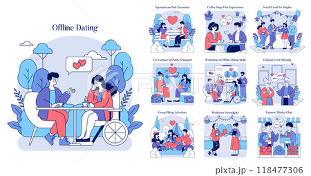 Offline Dating set. Exploring romantic connections in various settings from caf s to cultural events. Casual encounters, skill workshops, and social gatherings fueling serendipity. Vector illustration 118477306