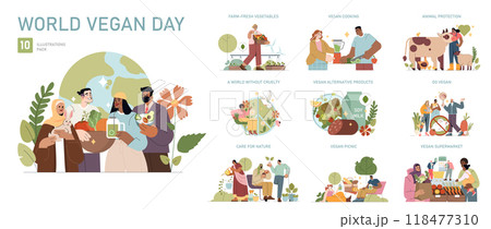 World Vegan Day set. Diverse people engage in vegan lifestyle activities, promoting compassion and sustainability. Vector illustration. World Vegan Day set. Diverse people engage in vegan lifestyle activities, promoting compassion and sustainability. Vector illustration. 118477310
