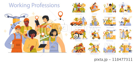 Working Professions set. Diverse jobs from landscaping to plumbing illustrated. Capturing the essence of various trades in action. Vector illustration. 118477311
