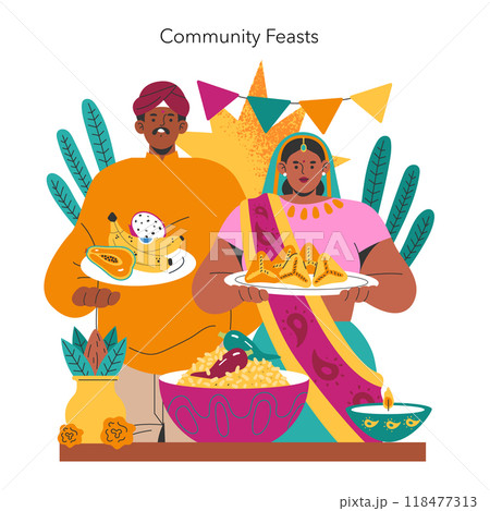 Navaratri celebration vector illustration showcasing a man and woman in traditional attire serving festive food. Vector illustration. 118477313