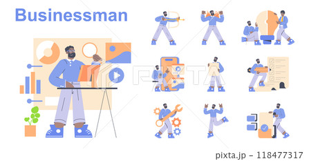 Businessman set. Diverse activities of a professional in a corporate environment. Analysis, strategy, communication, and management tasks. Vector illustration. Businessman set. Diverse activities of a professional in a corporate environment. Analysis, strategy, communication, and management tasks. Vector illustration. 118477317