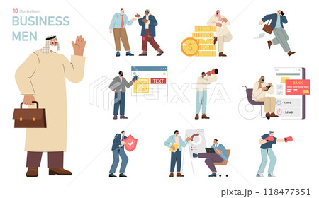 Businessmen set. Diverse characters in corporate scenarios engaging in meetings, financial tasks, and presentations. Modern workplace dynamics. Vector illustration. 118477351