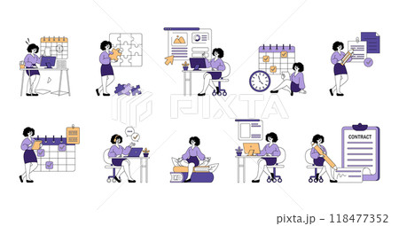 Businesswoman character set. Efficient office workflow and task management. Daily routines, project planning, and contract signing. Vector illustration. Businesswoman character set. Efficient office workflow and task management. Daily routines, project planning, and contract signing. Vector illustration. 118477352