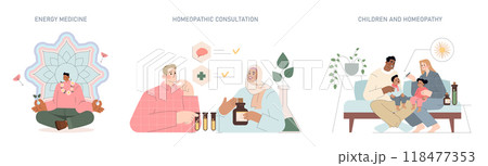 Homeopathy set. Illustration of holistic health practices featuring energy medicine, a consultation, and family care. Natural wellness and alternative treatment. Vector illustration. 118477353