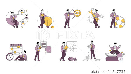 Business Man set. Dynamic office activities and corporate management. Goal setting, teamwork, time management, problem-solving, innovation, and work-life balance. Vector illustration. 118477354