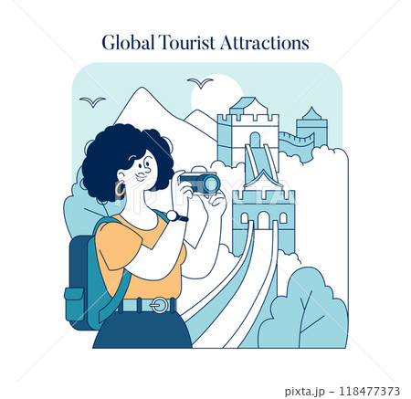 World Tourism Day concept. Illustration capturing a traveler photographing famous landmarks. Adventure, exploration, and travel themes. Vector illustration. World Tourism Day concept. Illustration capturing a traveler photographing famous landmarks. Adventure, exploration, and travel themes. Vector illustration. 118477373
