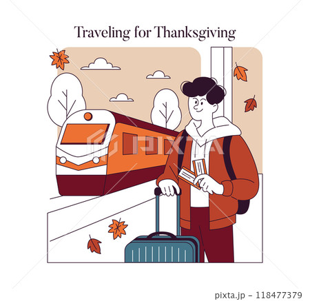 Thanksgiving travel concept. Person with luggage ready to board a train amidst autumn scenery. Holiday journey reunion. Vector illustration. 118477379